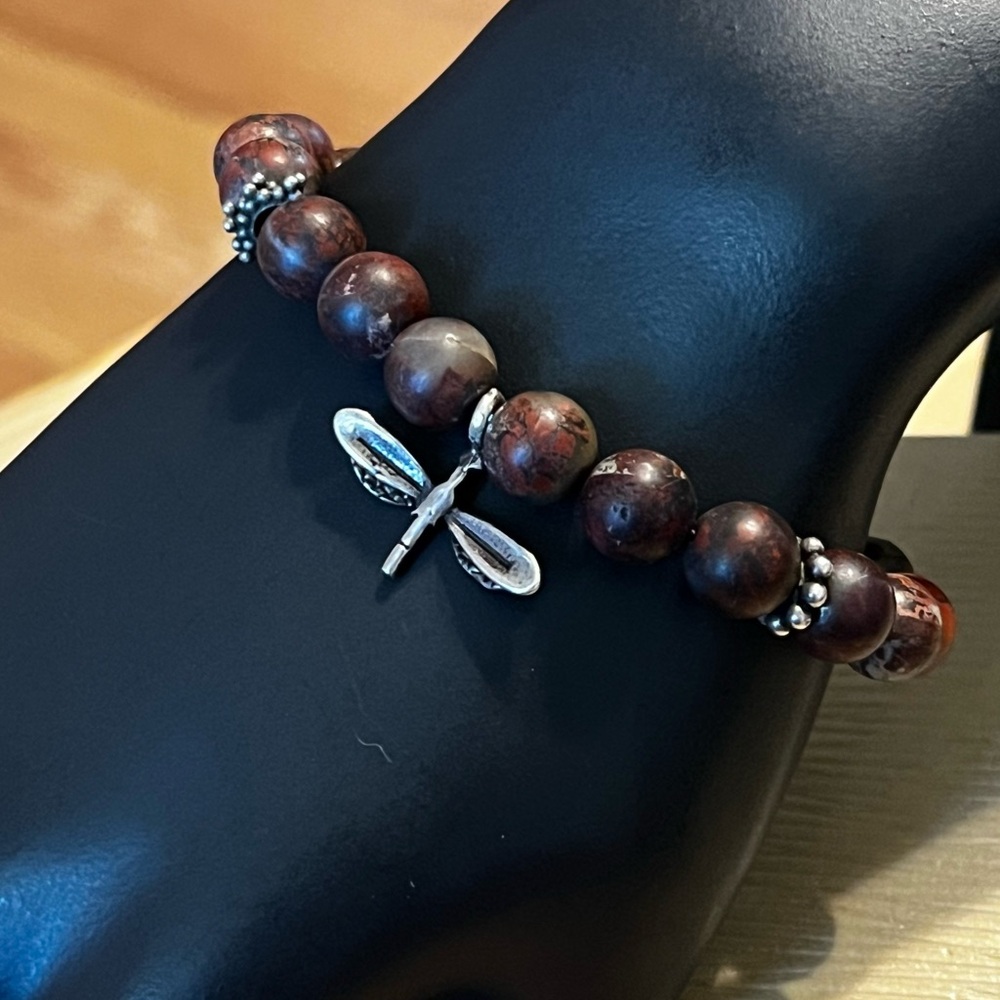 Red Jasper Beaded Bracelet Dragonfly Charm Boho Artisan